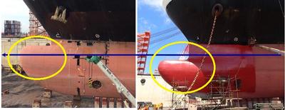 Remodeling of the ship's bulbous bow (Left:Before remodeling)(Right:After remodeling)